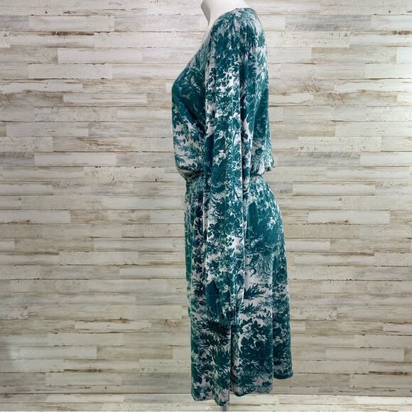 Jason Wu Stretch Long Sleeve Dress Womens Size M Teal Green Print Smocked Waist - Picture 5 of 13